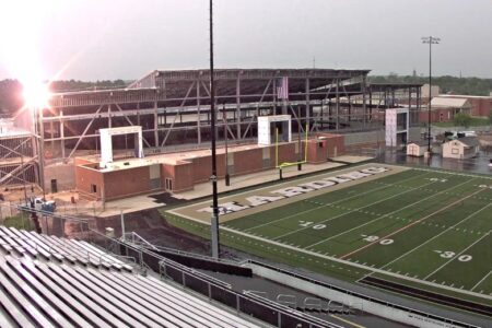 Lightning Strikes the top of the Student Recreation and Wellness Center under construction at Warren G. Harding High School in Warren, Ohio